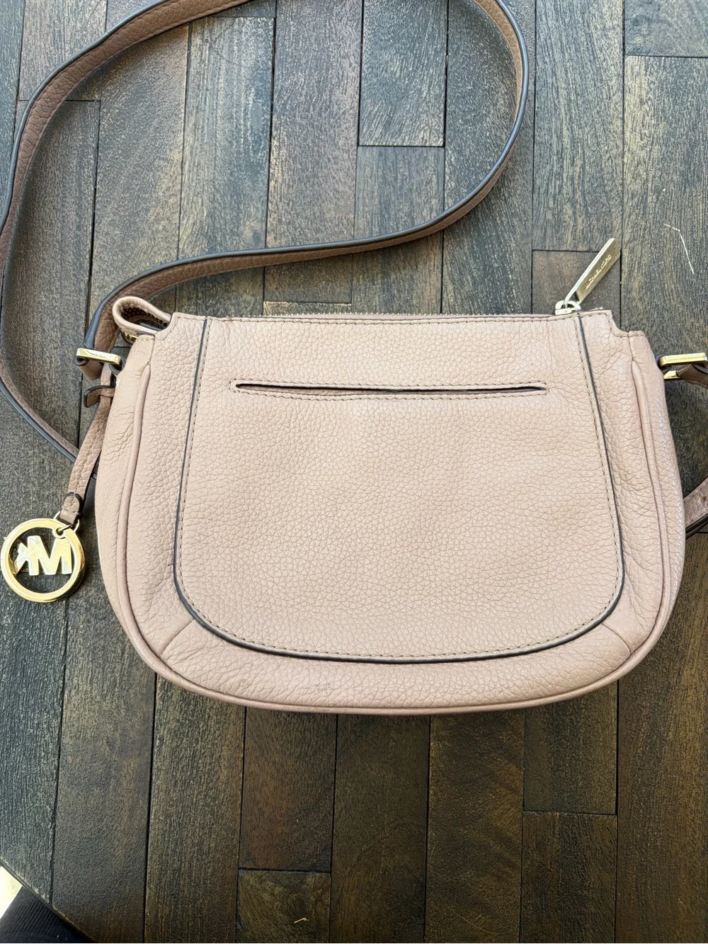 Michael Kors Blush Pebbled Leather Crossbody Bag with Gold Hardware and charm